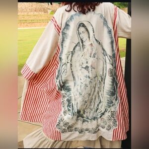 Virgin Mary Striped Red And White Kimono